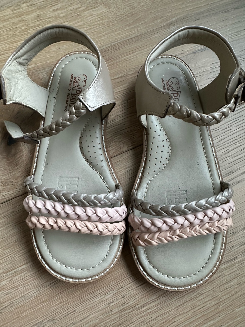 Piolto Leather Braided Strap Sandals in Pink and Metallic Taupe 30/1